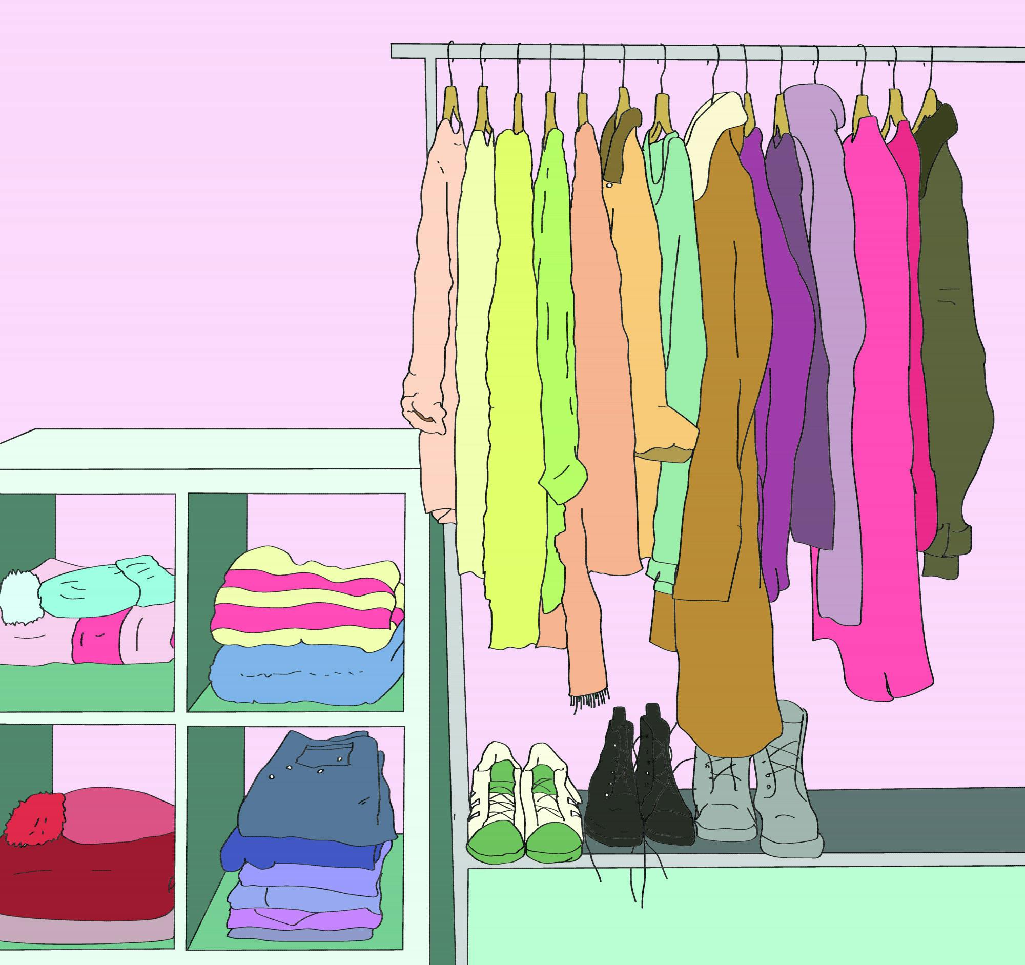 Illustration of a dorm closet featuring various clothing items and shoes.