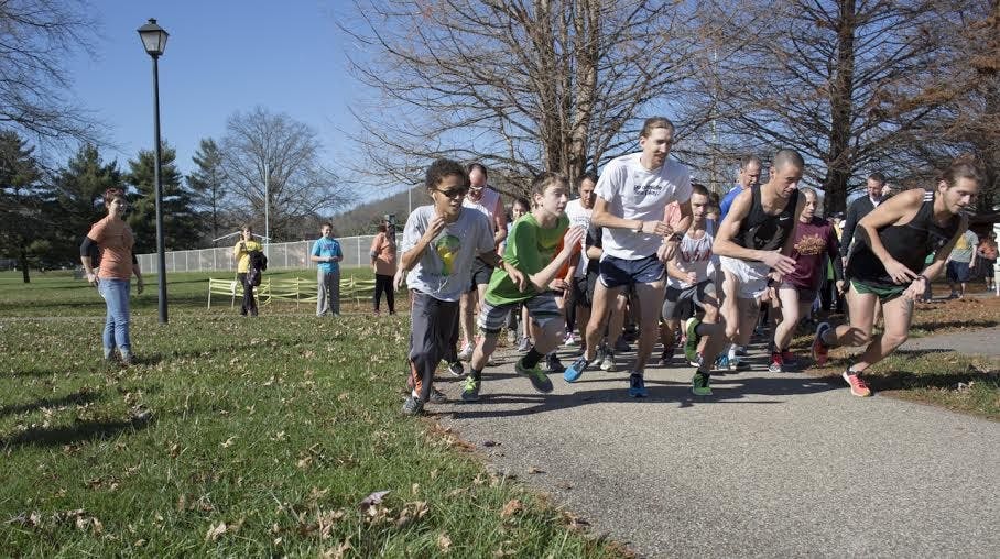 Runners jump from the start to try and claim victory at last year's Pumpkin Hustle. Provided via&nbsp;Sherri Brown.