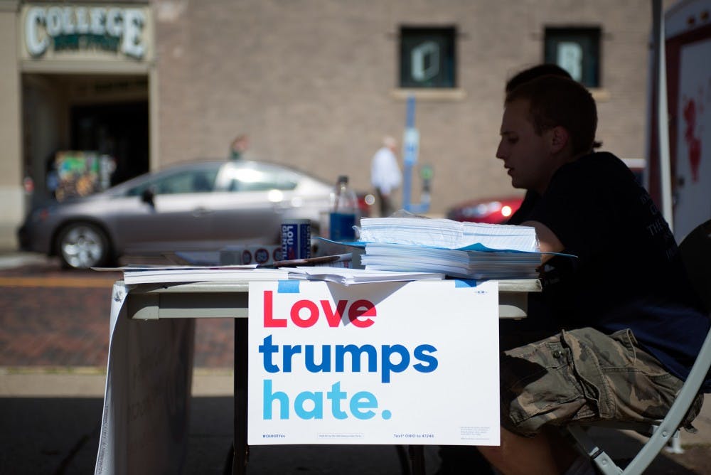 The Ohio University College Democrats volunteer to campaign for Hillary Clinton by College Gate. (LIAM DAVIS | FOR THE POST)