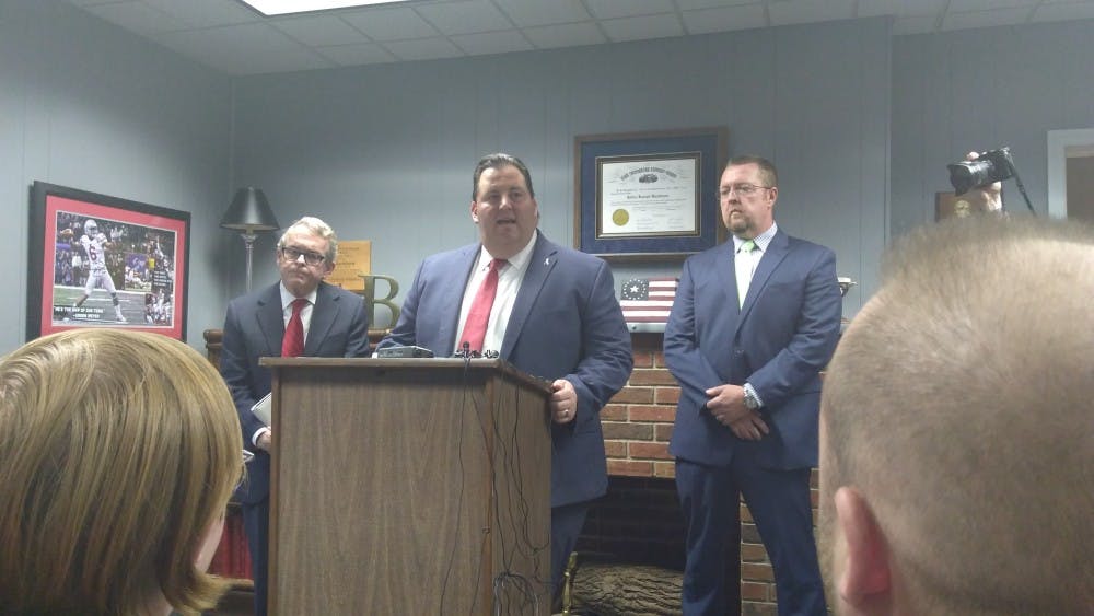 Athens County Prosecutor Keller Blackburn speaks about the arrest of Shawn Lawson for serial sexual assault at a press conference at the Athens County Courthouse on Tuesday (Eric Walker | For The Post)