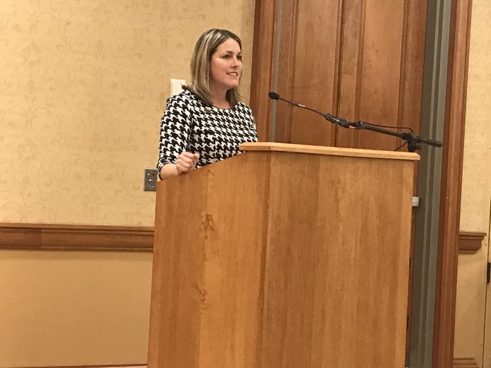 Adrienne Gavula, the regional office director and development director of the American Civil Liberties Union’s Ohio affiliate, spoke at Baker University Center on Feb. 14, 2017.