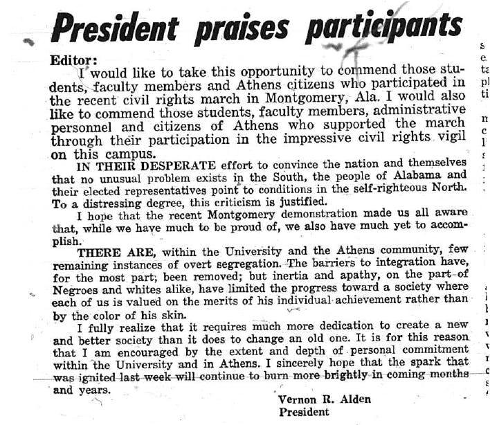 Former university president Vernon Alden praised OU participants in civil rights march  