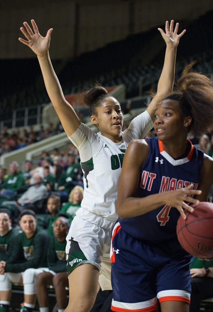 Amani Burke (3) backs the oposition into the corner against UT Martin in the Convocation Center on November 18th, 2016 MATT STARKEY