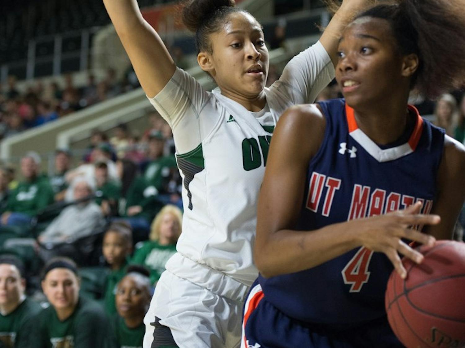 Amani Burke (3) backs the oposition into the corner against UT Martin in the Convocation Center on November 18th, 2016 MATT STARKEY