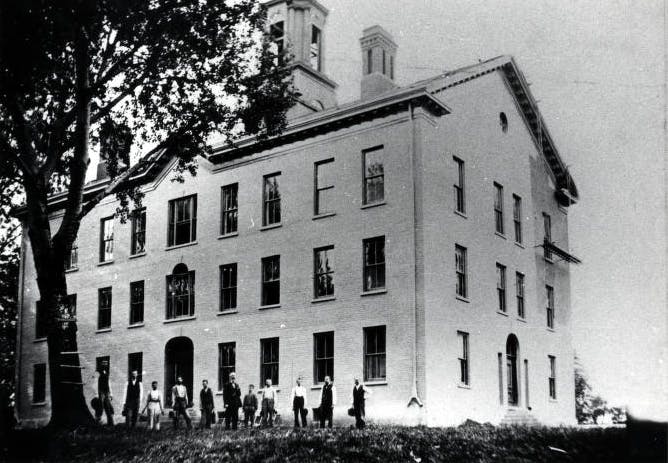 Cutler Hall being remodeled to Victorian style from 1881-1882. Photo provided by the&nbsp;Mahn Center for Archives & Special Collections.