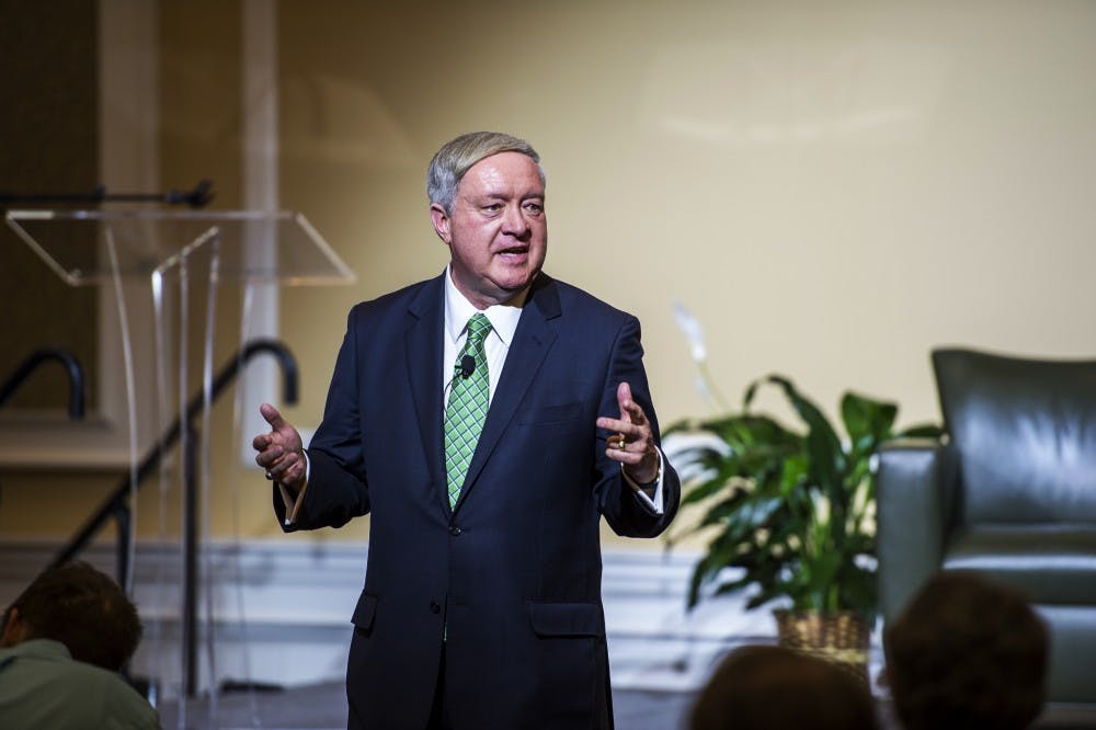 Duane Nellis, who previously served as president of Texas Tech University and of the University of Idaho, fields questions at the first of the presidential candidate open forums in Baker Center Ballroom on Tuesday, Jan. 19, 2016.