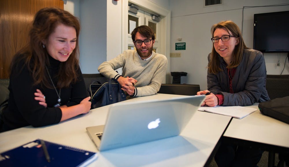 Inna Tsyrlin, Trip Venturella and Katherine Varge go over their plan for the Scripps Innovation Challenge in Kantner Hall on January 26, 2017. 