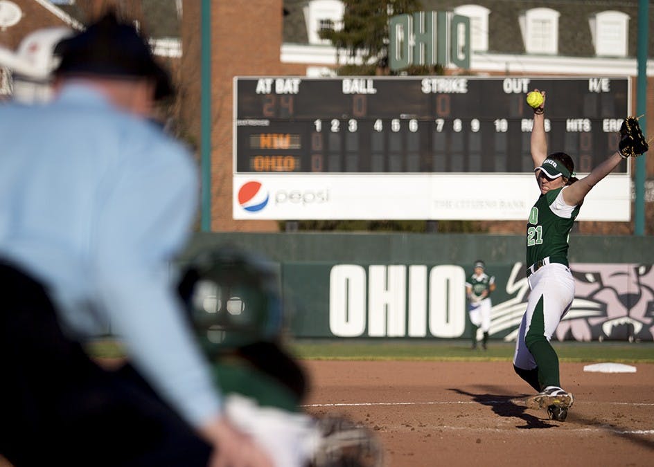 Ohio redshirt senior pitcher Savannah Jo Dorsey pitches against Northn Illinois during the top of the second inning at the Ohio Softball Field on Friday, February 17, 2017. The game had to be suspended until 10 AM Saturday morning because of the lack of sunlight. 
