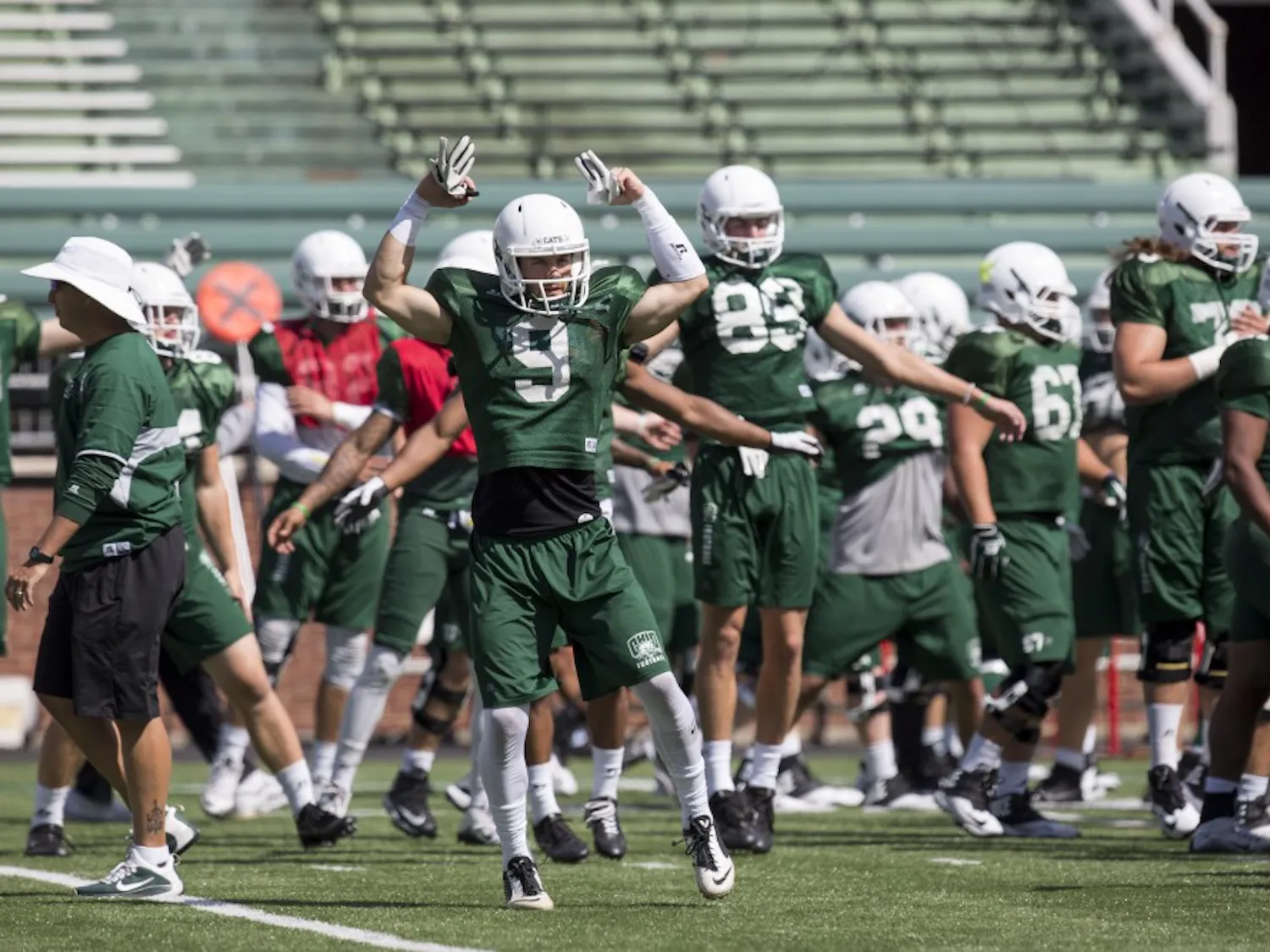Ohio wide receiver Andrew Meyer running drills at football practice on August 22, 2016. (LAUREN BACHO | PHOTO EDITOR)