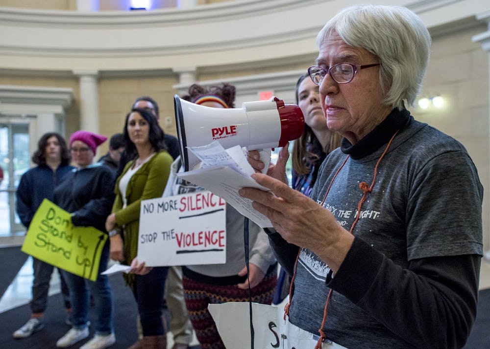 Local Athens activist Jan Griesinger speaks out during the Take Back the Night rally that took place on Thursday, April 6, 2017 on the fourth floor of Baker Center. Griesinger organizaed the first Take Back the Night rally in Athens back in 1979.