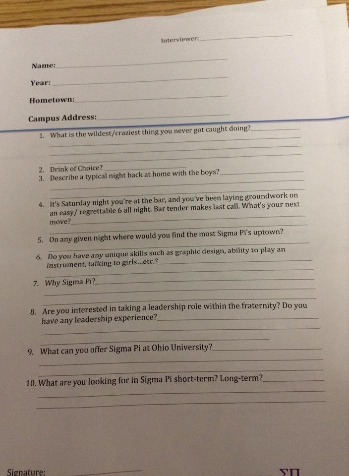 Image of alleged Simga Pi questionnaire  