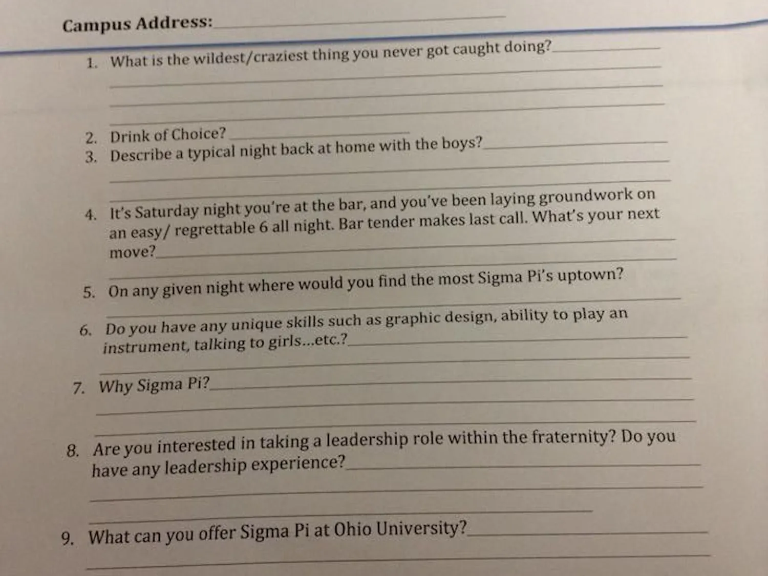 Image of alleged Simga Pi questionnaire