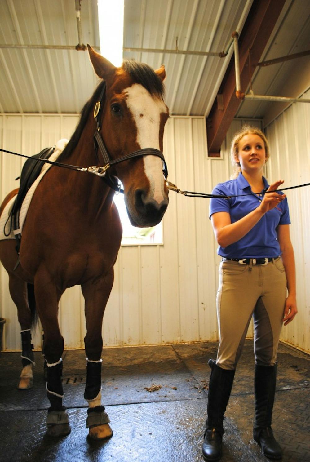 <p>Upper training individual and team national qualifier, Kailey Giancola prepares an Otterbein owned horse, Pete, for dressage practice. </p>