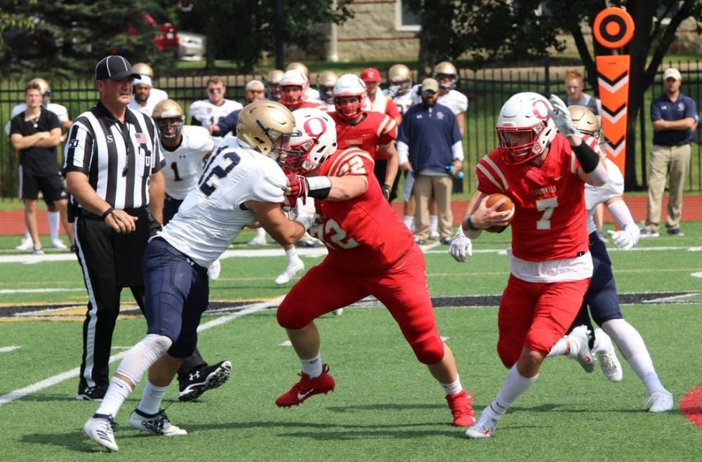 <p>In the Cardinals' Homecoming game, sophomore athlete Luke Schmeling rushed for 43 yards and a touchdown on 12 carries.</p>