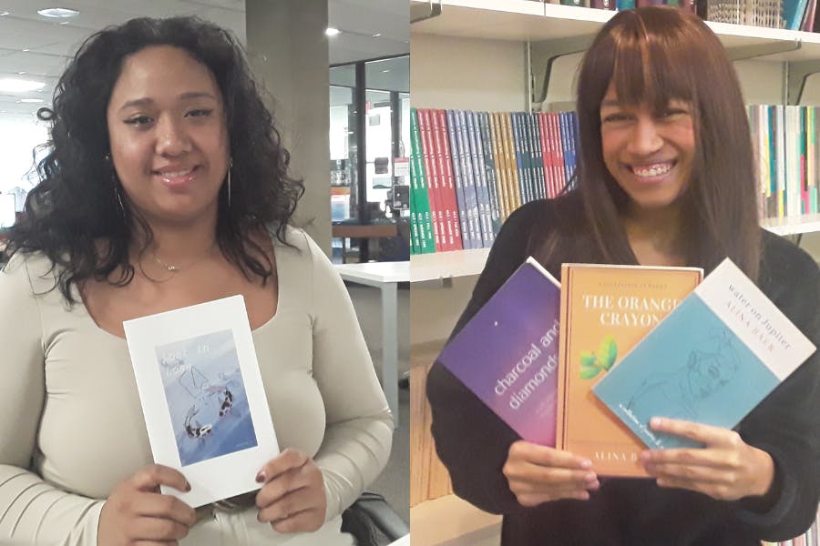 Two images put together. On the left, Catharina Le holds up her chapbook "Lost in Loss." On the right, Alina Baer holds up her three books, "Charcoal and Diamonds," "The Orange Crayon" and "Water on Jupiter."