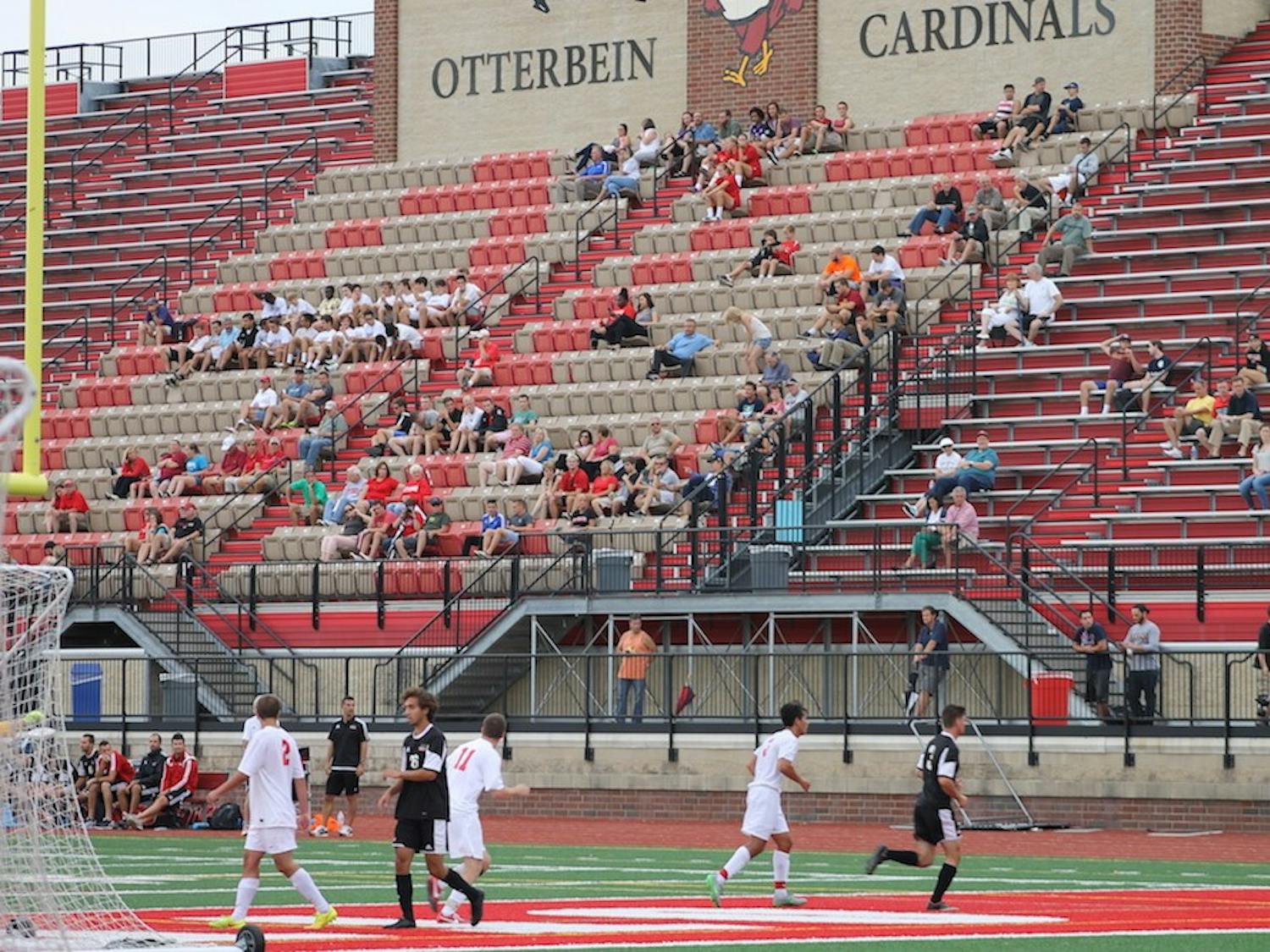 Nearly empty stands at the men's soccer game between Otterbein and Ohio Wesleyan. 