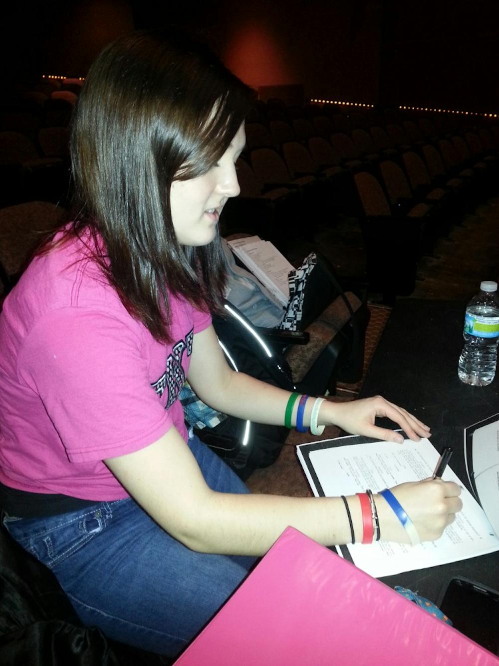 	<p>Kate Bindus prepares blocking notes and sound cues for Les Miserables.</p>