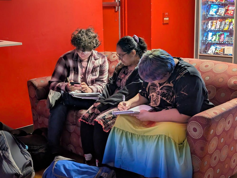 Freshmen Giovanni Kertell, Nafsee Prova, and Elpita Saygan study in the dimly lit Cardinal Lounge, a space for commuters in the basement of Towers Hall.