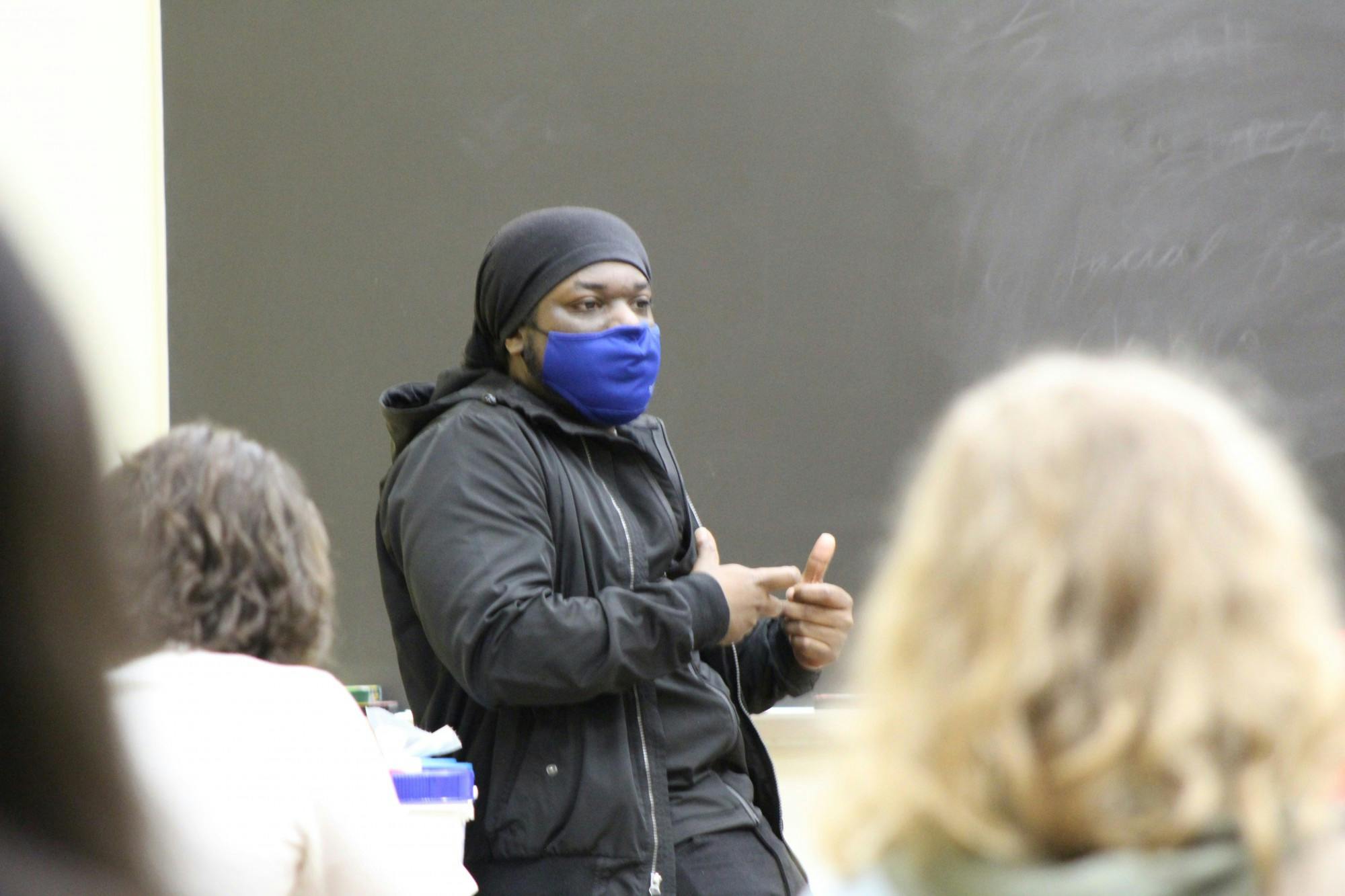 Donte Woods Spikes speaks at the screening of his short film "As a Matter of Black."