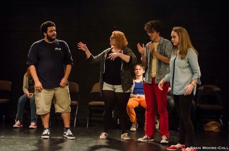 (Left to right) Steven Meeker, Nikki Solomon, Ben Folts and Kaylee Barrett during a show by Mainstage Improv Troupe in Fall 2015.