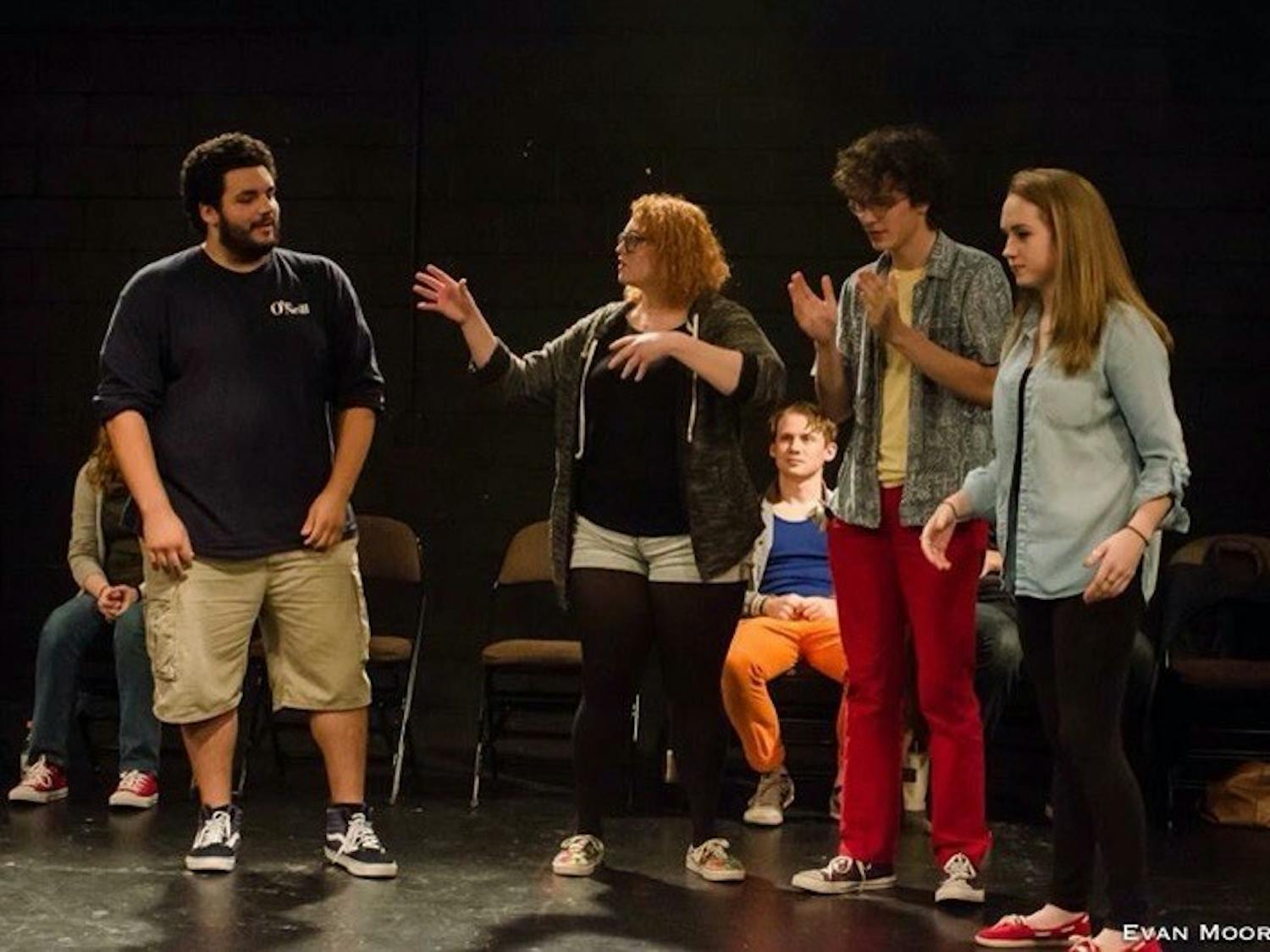 (Left to right) Steven Meeker, Nikki Solomon, Ben Folts and Kaylee Barrett during a show by Mainstage Improv Troupe in Fall 2015.
