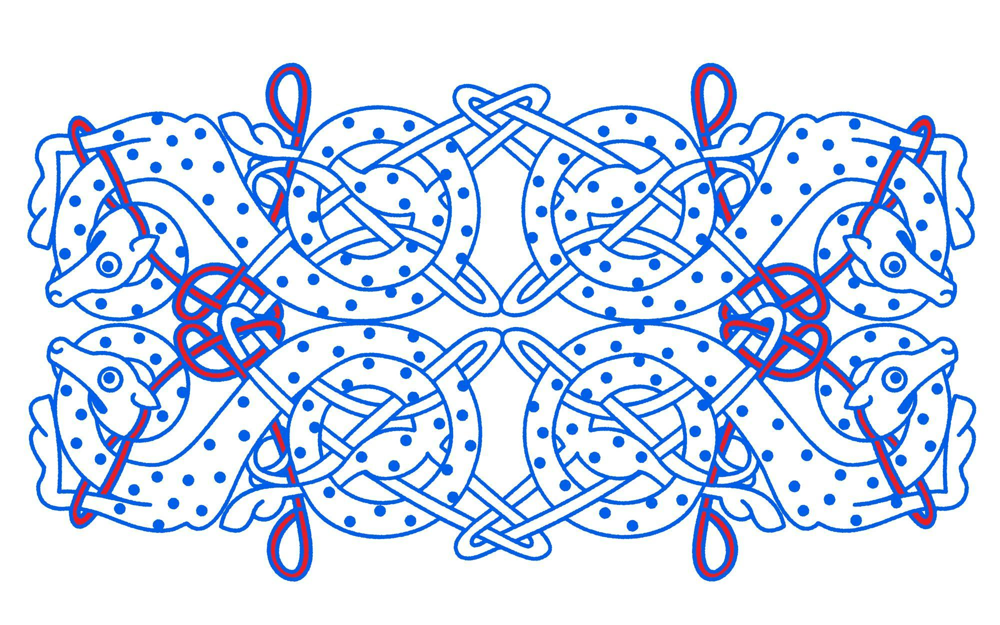 Digital illustration of intertwined spotted dogs.