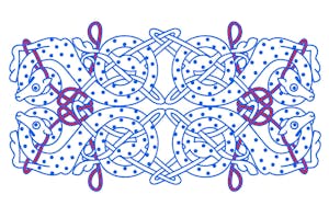 Digital illustration of intertwined spotted dogs.