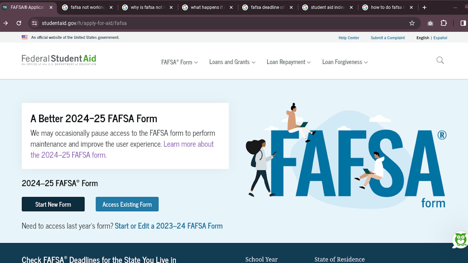 2024-25 FAFSA webpage in browser with several tabs searching for FAFSA troubleshooting.