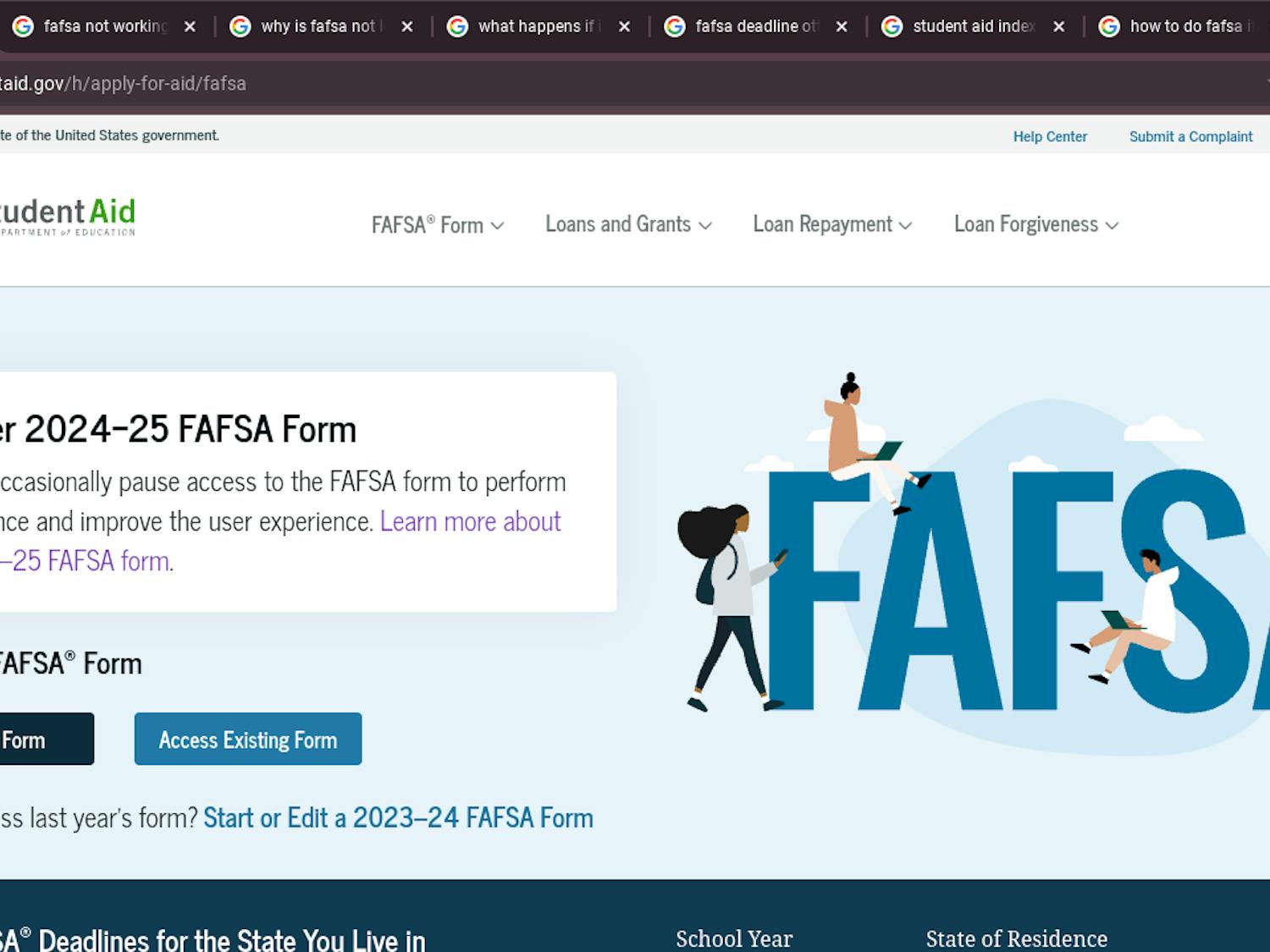 2024-25 FAFSA webpage in browser with several tabs searching for FAFSA troubleshooting.