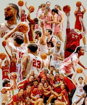 Photo collage of Otterbein men's and women's basketball teams.