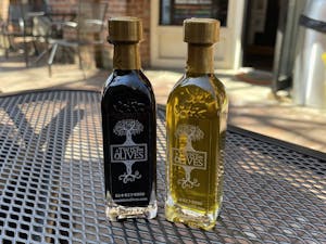 The bottles of oil and vinegar from A Twist on Olives 
