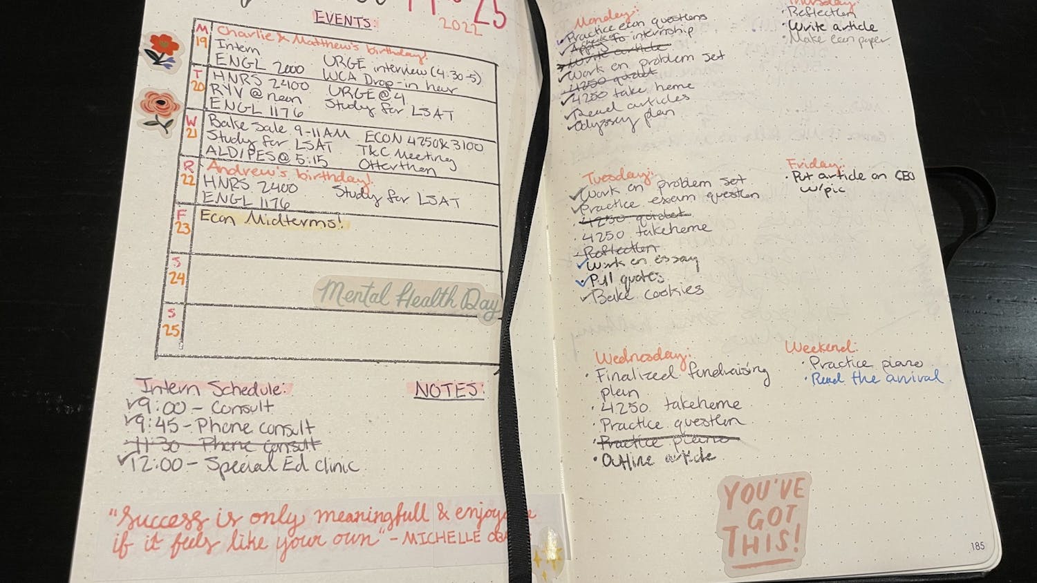 A bullet-pointed journal of one student's responsibilities for a week