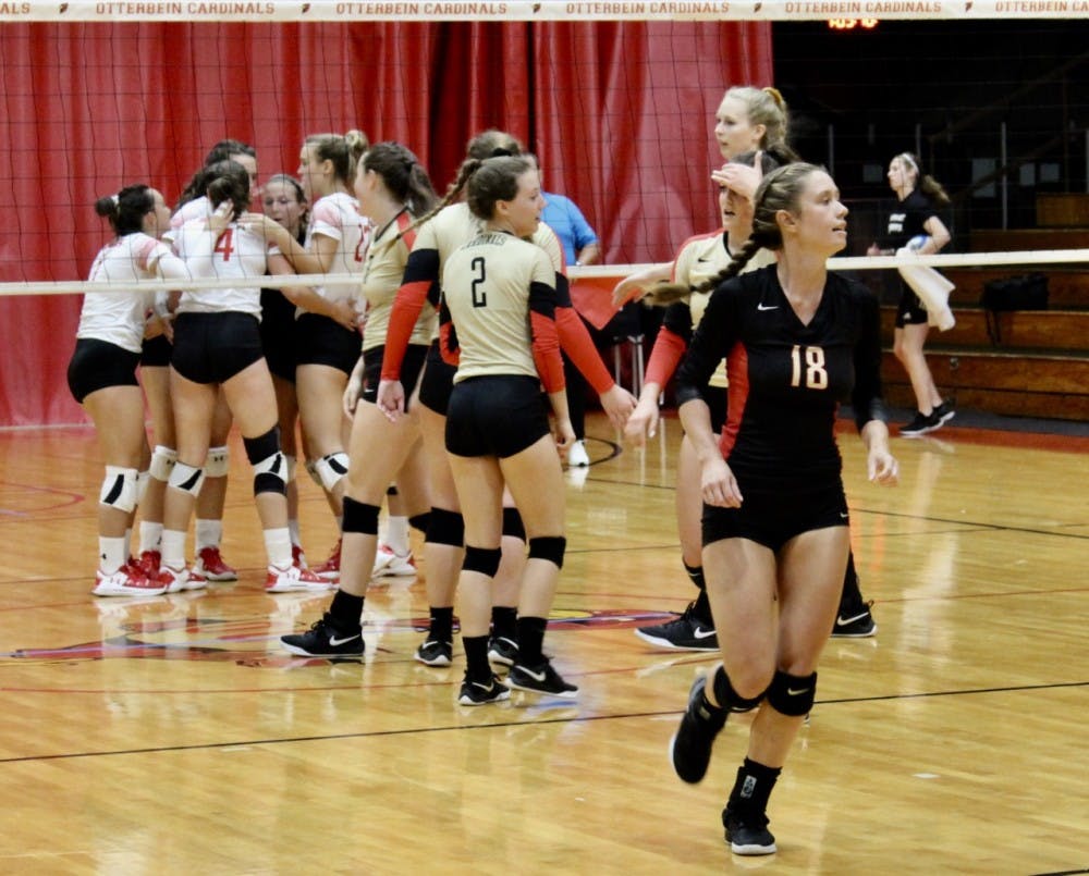 Lone senior and libero Ashlyn Leon (#18) represented the current Otterbein volleyball team in the alumni match at Homecoming. 