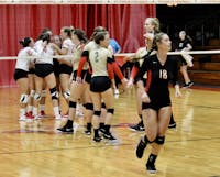 Lone senior and libero Ashlyn Leon (#18) represented the current Otterbein volleyball team in the alumni match at Homecoming. 