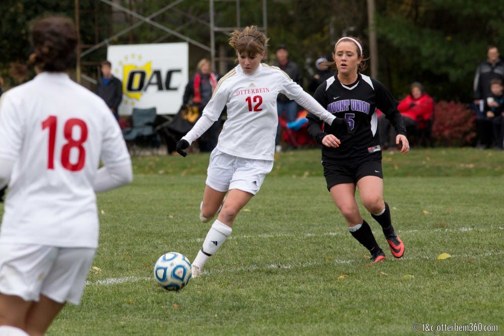 	Sophomore midfielder Jillian Strimbu takes a shot on goal. Strimbu had the first goal of the game against Mount Union.