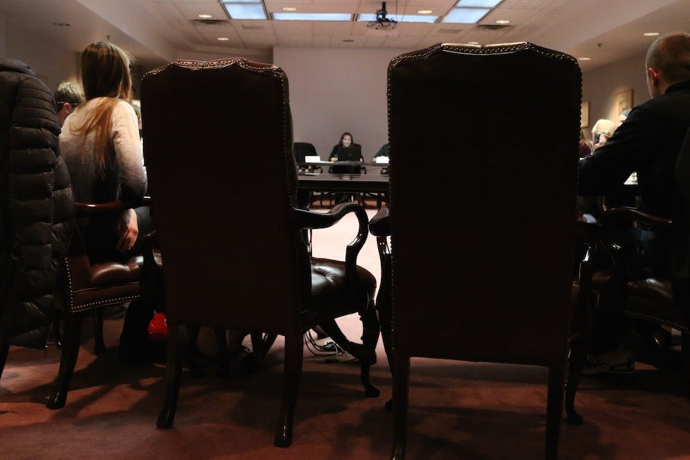 <p>Empty chairs at the student government's first meeting of the semester.</p>