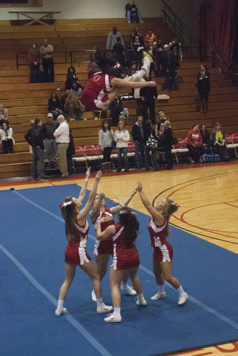 	<p>The cheerleading squad practiced their competition routine after the Ohio Northern game. They will perform this routine at the College U Championships at Battelle Hall on February 9.</p>