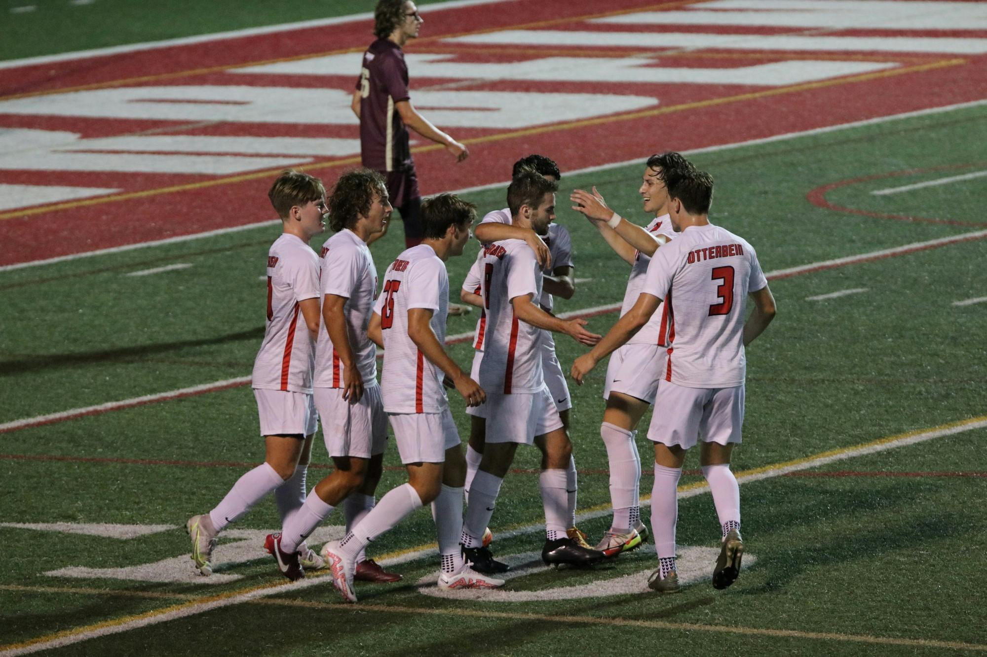 Men's soccer celebrates a Coby Stover goal during their friendly on Aug. 24.