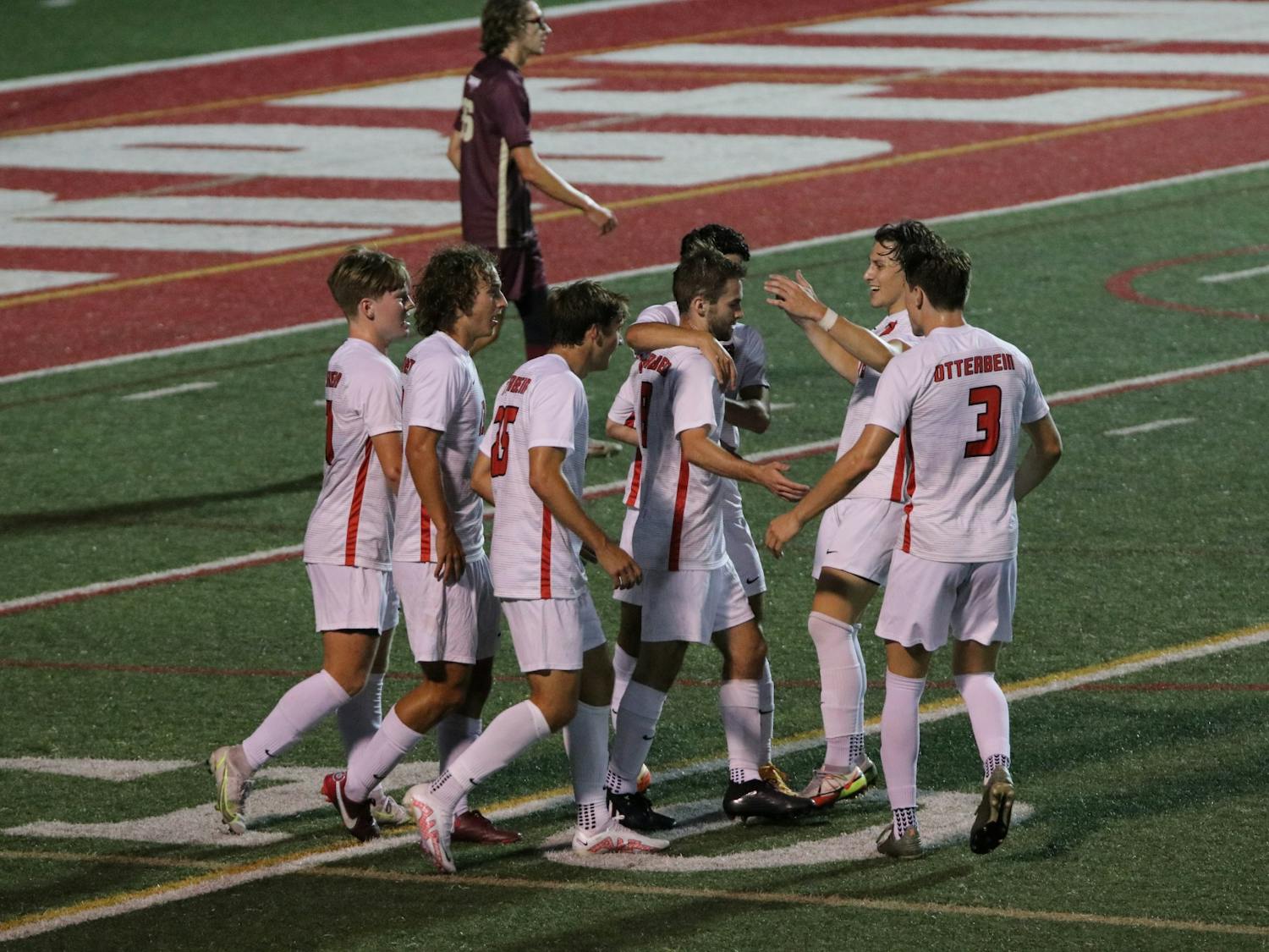 Men's soccer celebrates a Coby Stover goal during their friendly on Aug. 24.