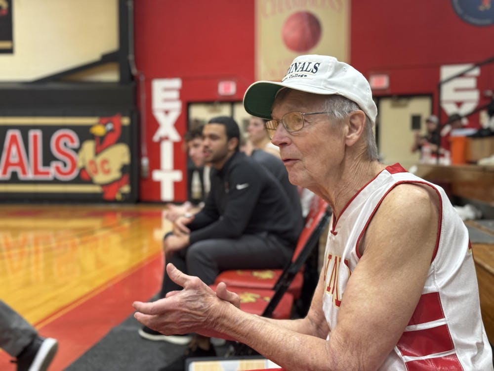 <p>Arguably one of Otterbein basketball's biggest fans, Jerry Bale supports his team at one of the last home games of the season.</p>