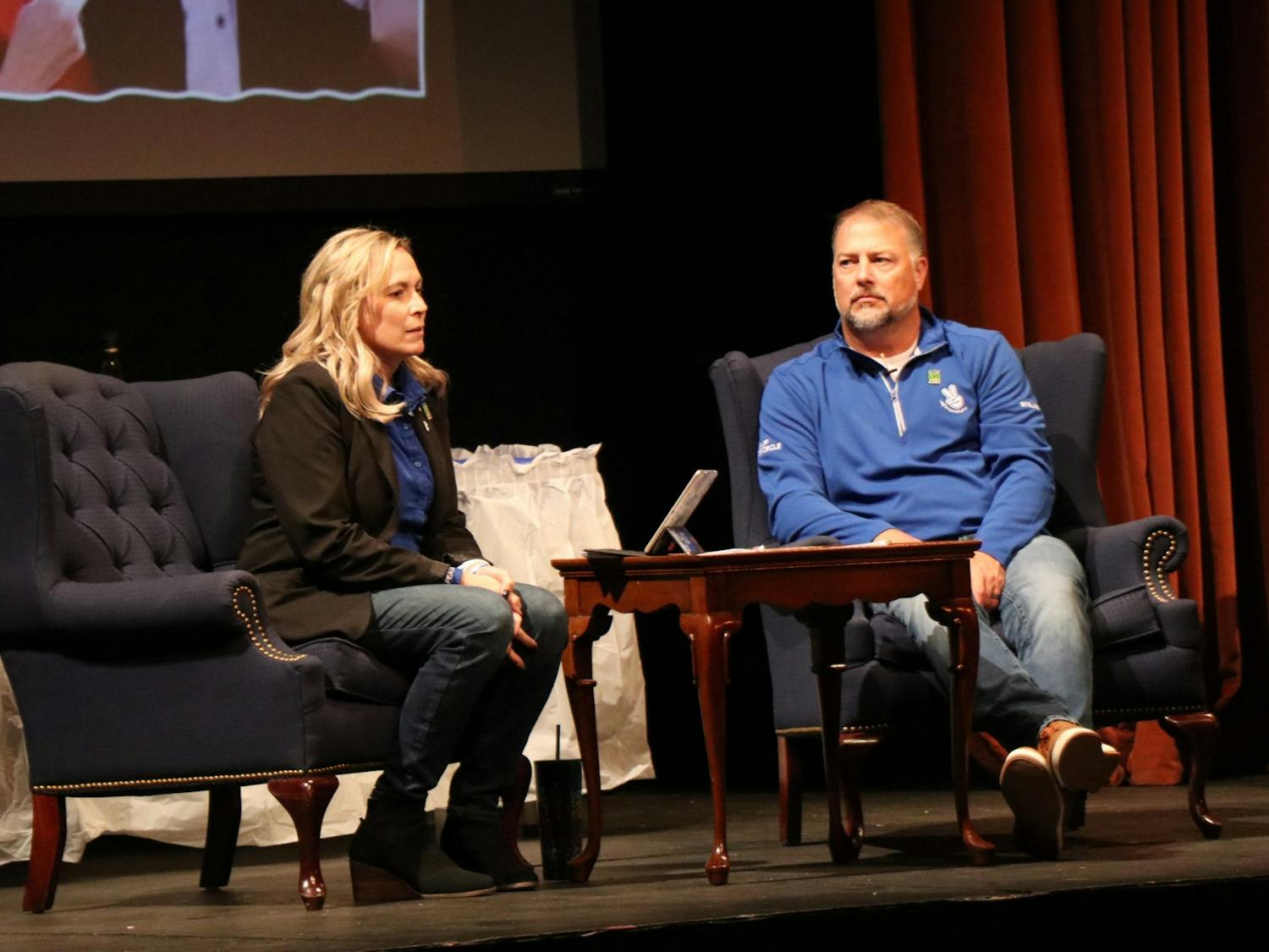 Cory and Shari Foltz talk about their son Stone during their presentation in Cowan Hall. Stone died as a result of hazing in March of 2021.