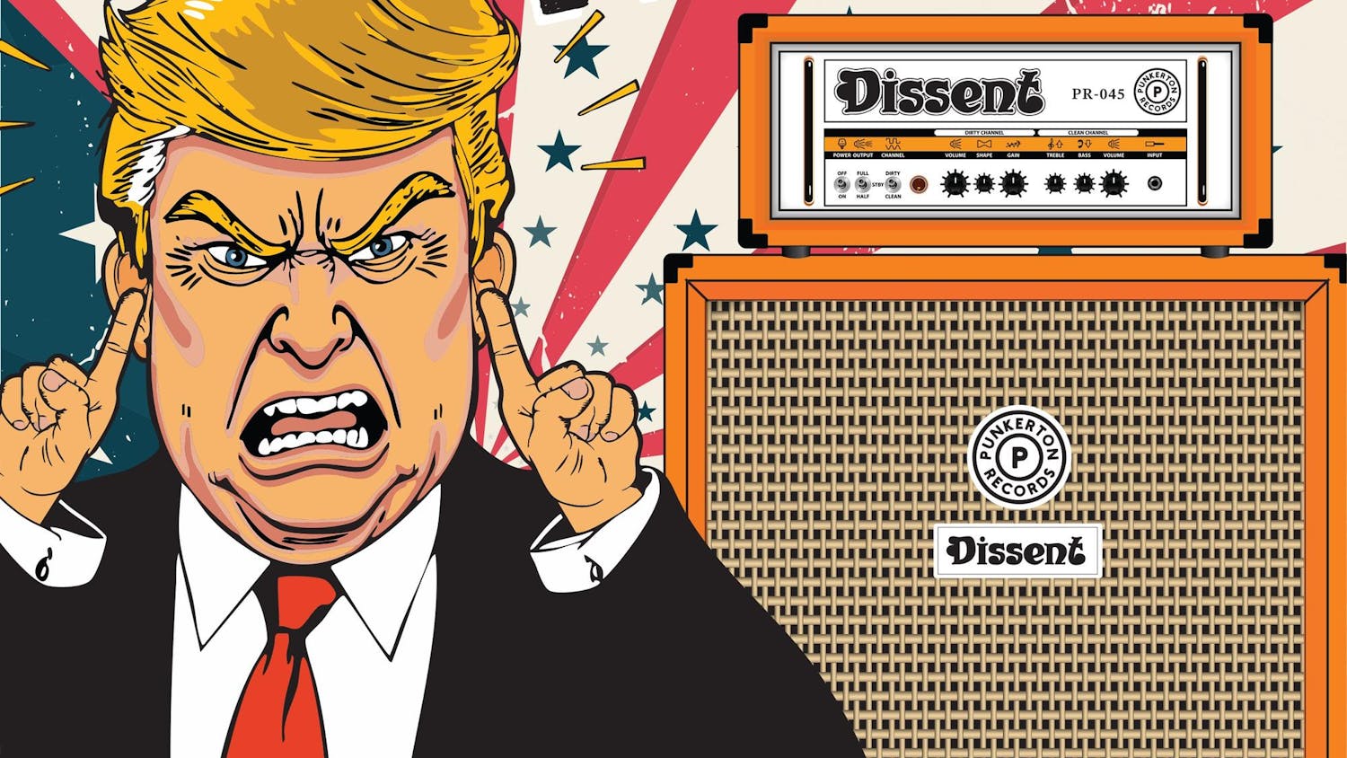 An animated depiction of Donald J. Trump and a speaker.