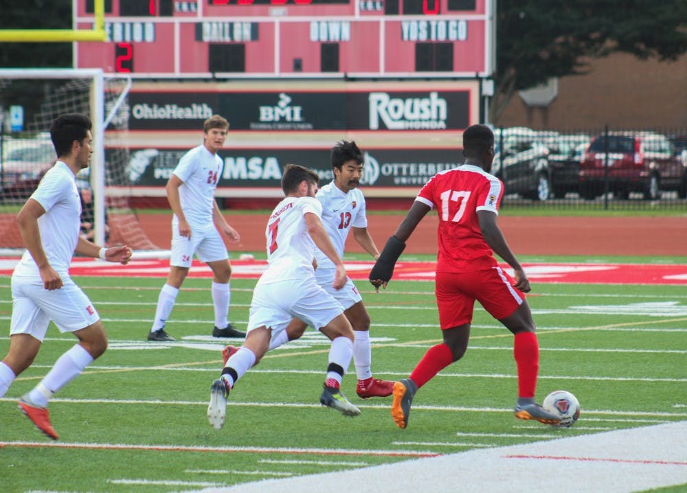 <p>Junior midfielder Eric Stuckey scored two goals during their match against Muskingum.</p>