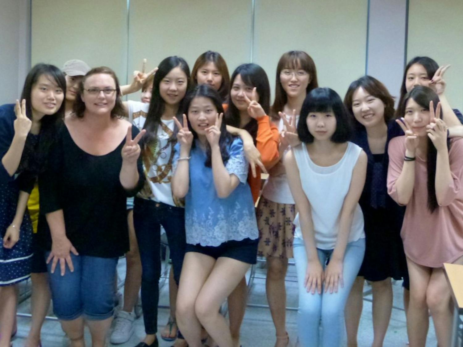 	Shannon Lakanen and her students on the last day of class at Duksung Women&#8217;s University. Photo courtesy of Shannon Lakanen. 