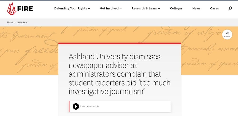This photo shows an article from FIRE's website about the firing of Ashland University's advisor for the student-led newspaper