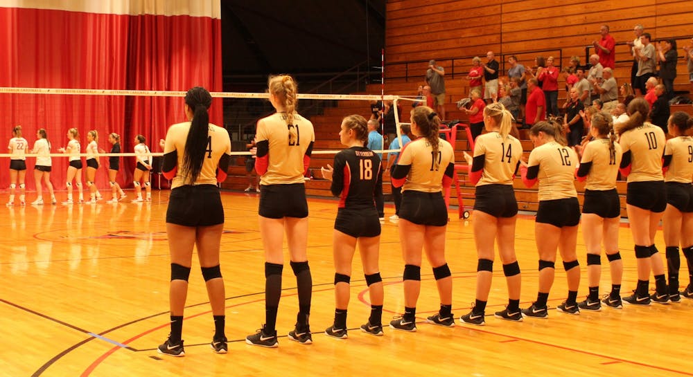Otterbein volleyball alumni played this year's team at Homecoming. 