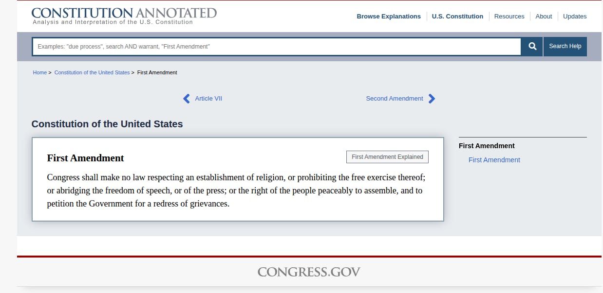Screenshot of the First Amendment