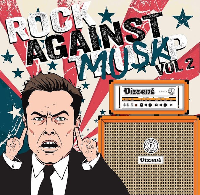 An animated depiction of Elon Musk and a speaker.