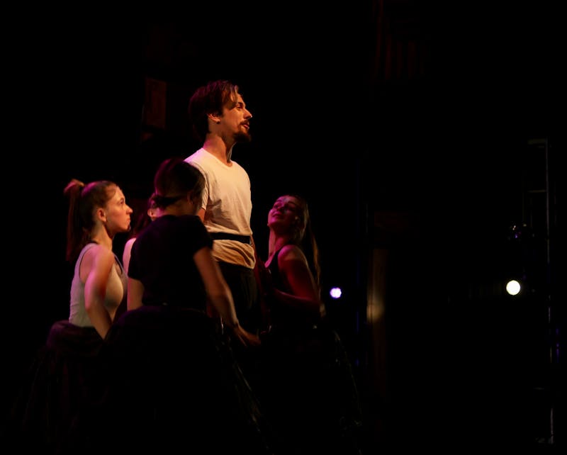 Left to Right: Kailey Souder (BFA Musical Theatre ’25), Shelby Zimmerman (BFA Musical Theatre ’24), Sam Hoyer (BFA Musical Theatre ’23), Kate Maniuszko (BFA Musical Theatre ’23). Lighting by Elliot France.&nbsp;