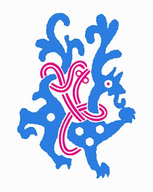 Abstract digital illustration of a blue lion and a red-violet snake.